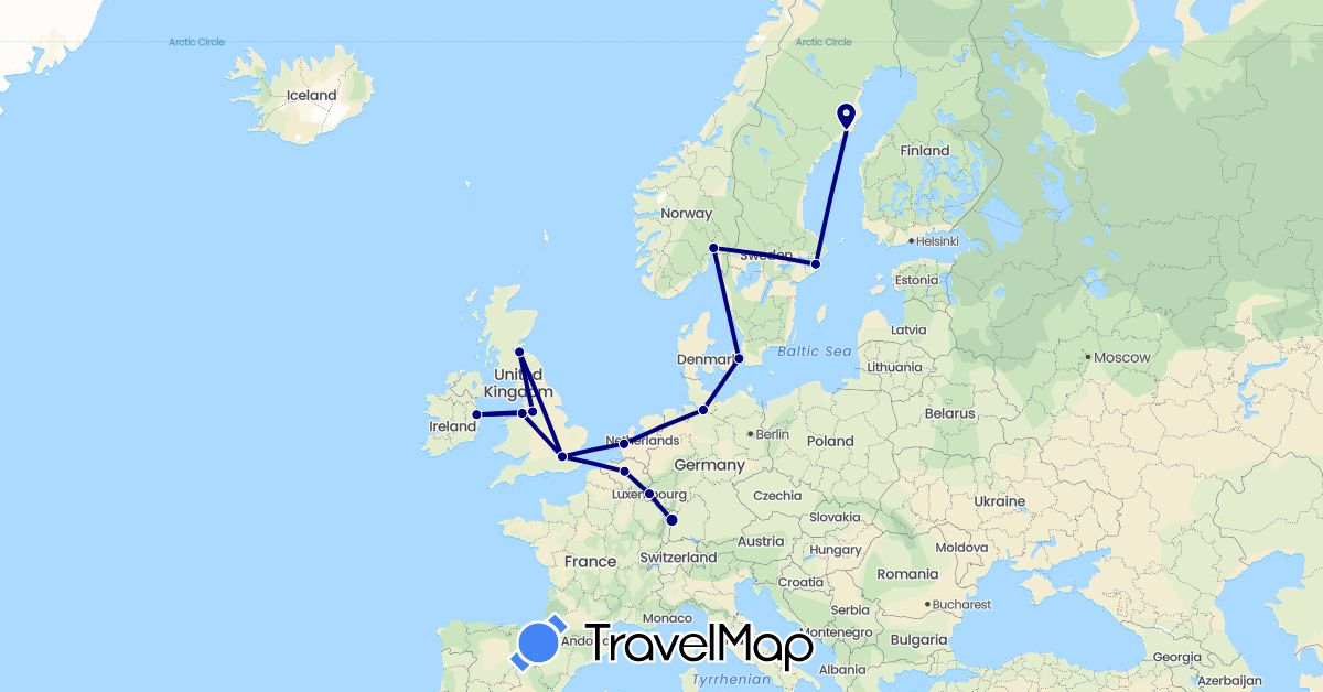 TravelMap itinerary: driving in Belgium, Germany, Denmark, France, United Kingdom, Ireland, Luxembourg, Netherlands, Norway, Sweden (Europe)